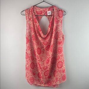 CAbi #5037 Coral Pink Floral Cowl Neck Sleeveless Sheer Top Size S